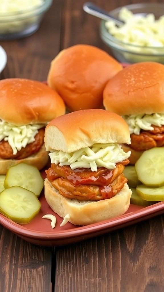 Barbecue chicken sliders on a platter with coleslaw and pickles.